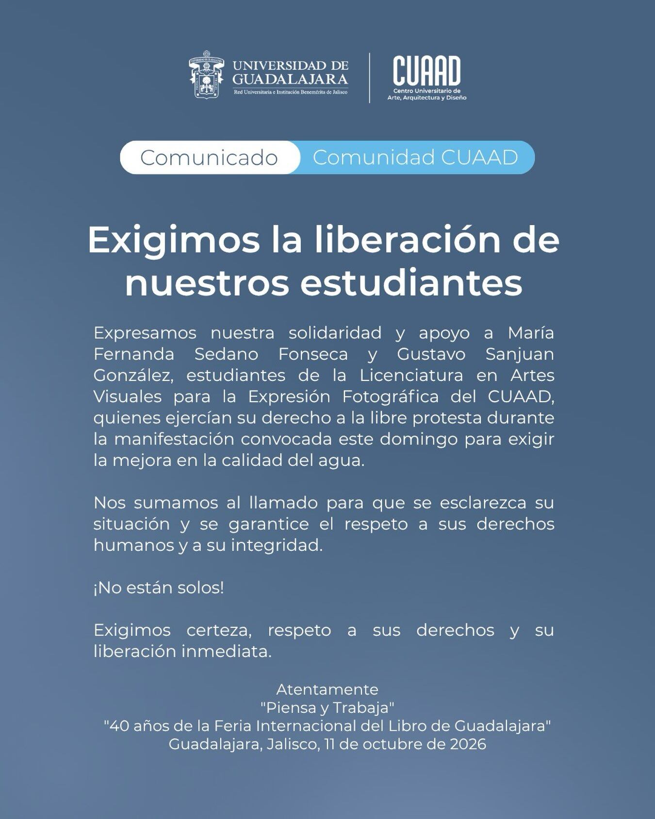 UdeG pide esclarecer hechos y liberar a tres estudiantes detenidos