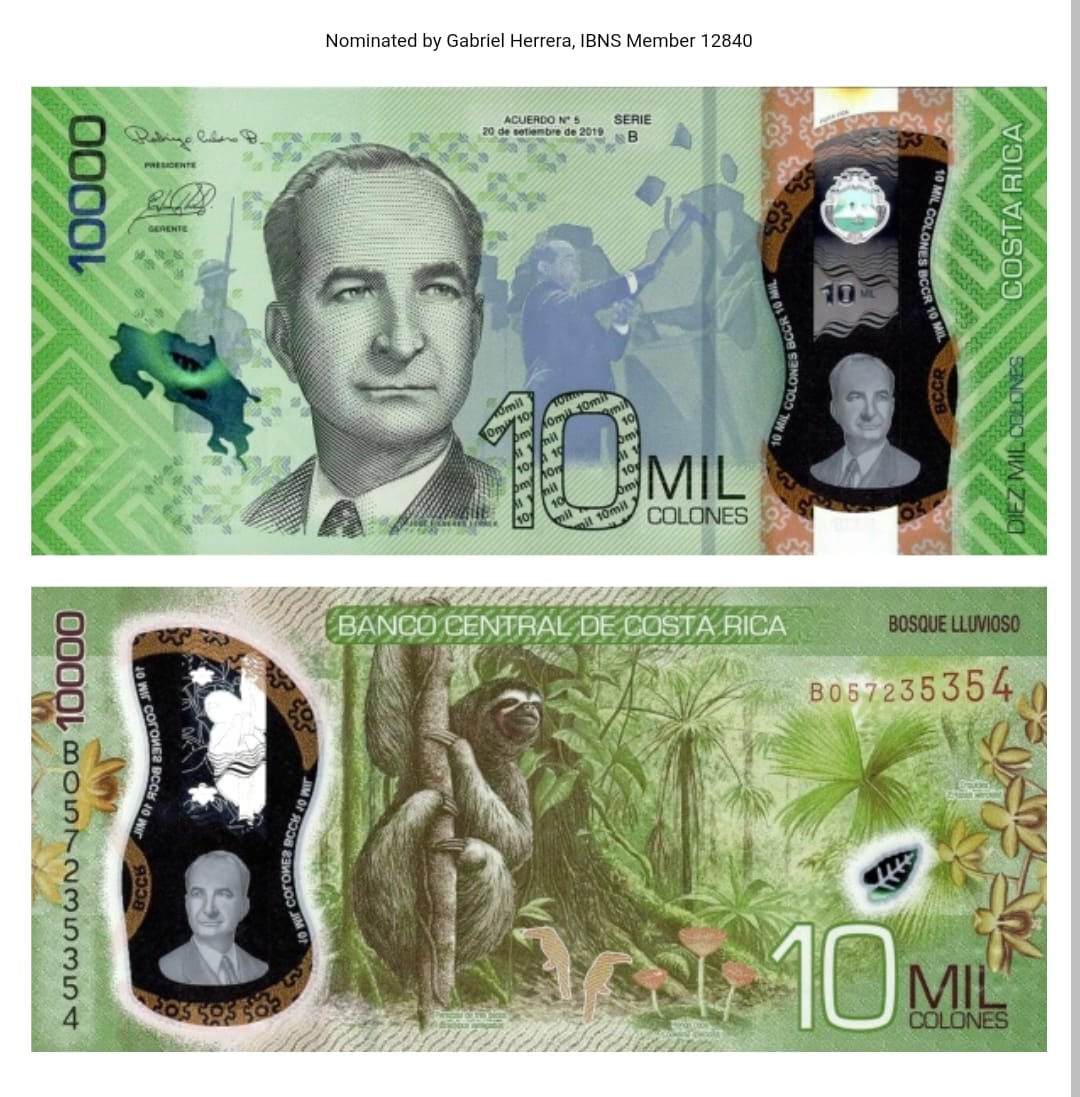 Billete de 10 mil colones de Costa Rica ganador del tercer lugar del Premio al Billete de Banco del Año