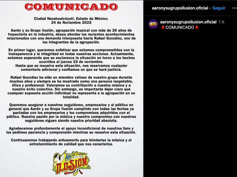 Aaron y Su Grupo Ilusión se pronuncia tras la detención de Rafael 'N'