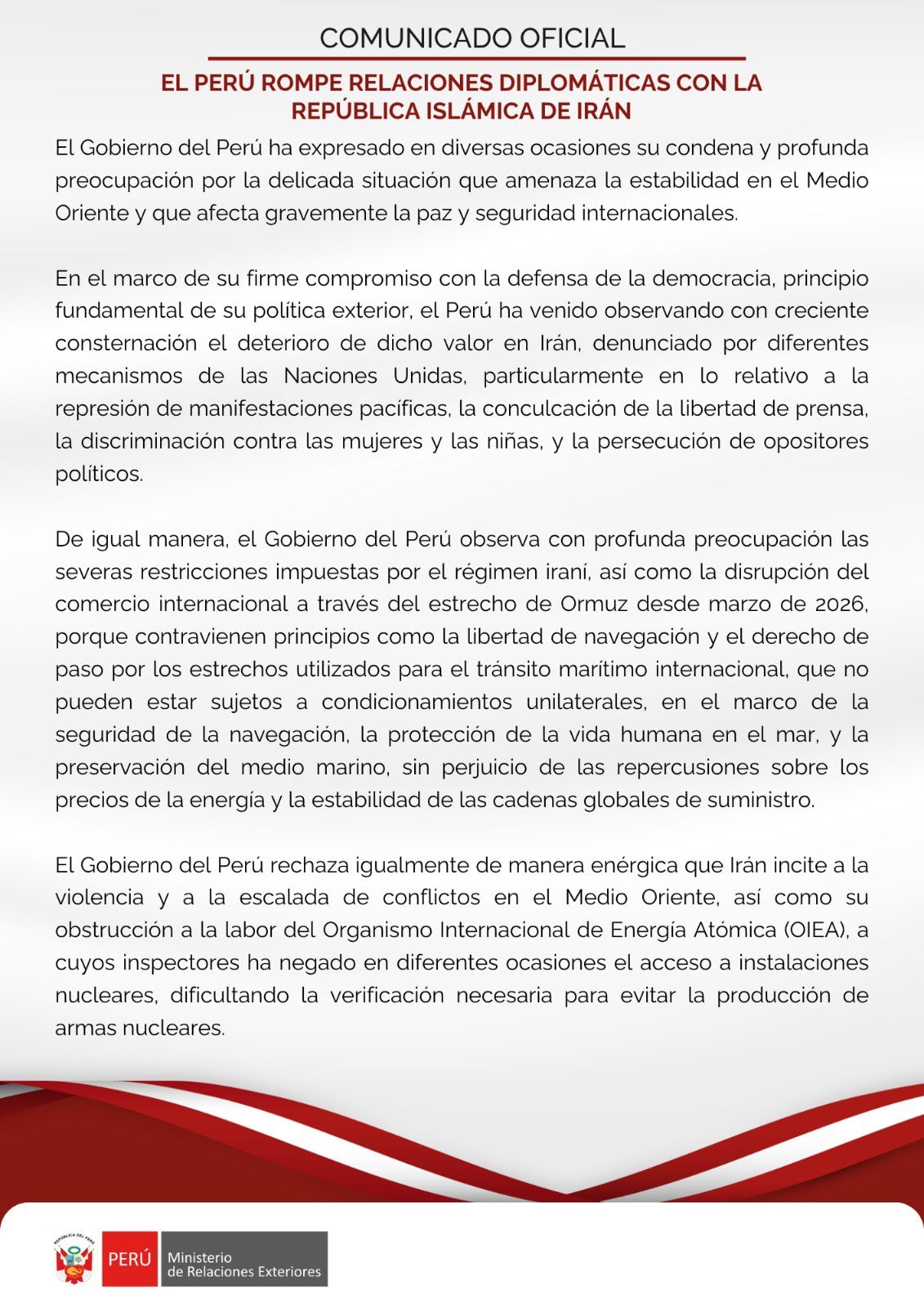 Perú rompe relaciones diplomáticas con Irán en medio de la crisis en Medio Oriente