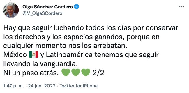 Olga Sánchez Cordero lamenta revocación del derecho al aborto en Estados Unidos