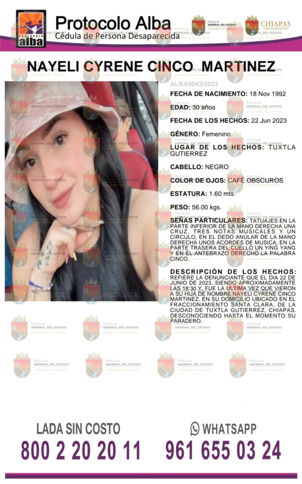 Ficha de desaparición de Nayeli Cyrene Cinco Martínez