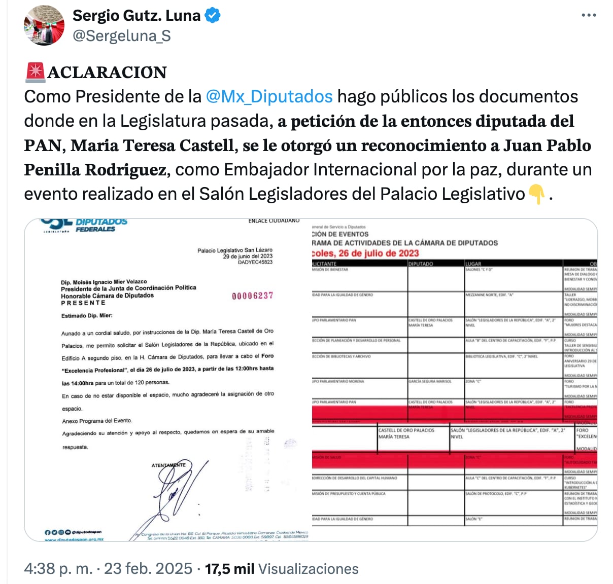 Sergio Gutiérrez Luna acusa al PAN de otorgar premio a Juan Pablo Penilla Rodríguez