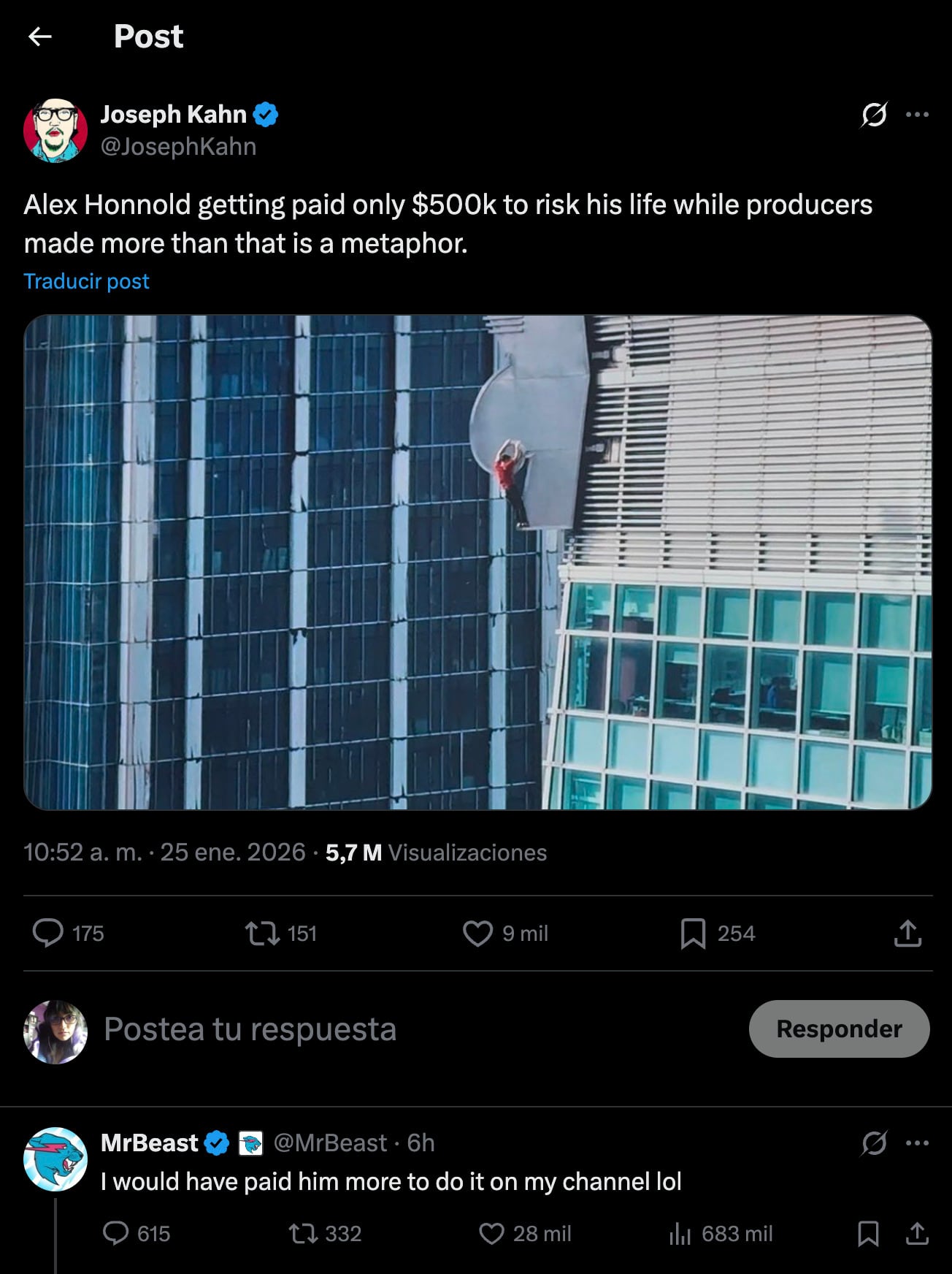 MrBeast cuestiona a Netflix por el pago a Alex Honnold