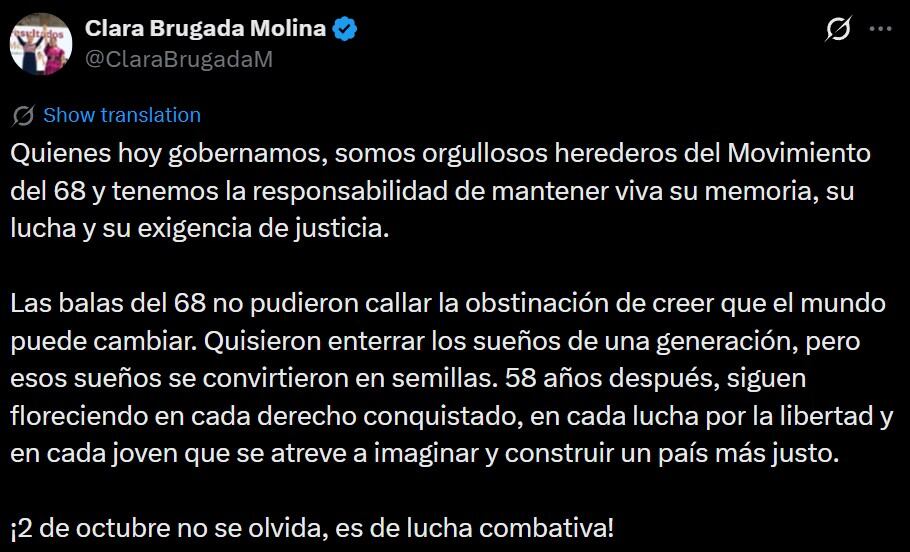 Clara Brugada se declara “orgullosa heredera” del Movimiento del 68 por el 2 de octubre