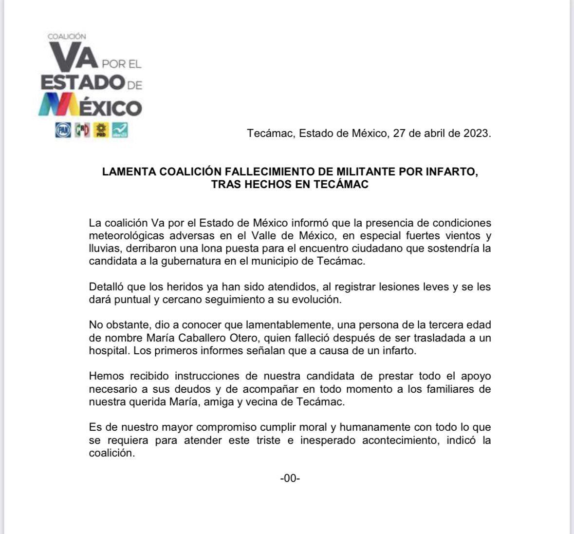La coalición Va por el Estado de México lamenta el fallecimiento de mujer de la tercera edad durante mitin