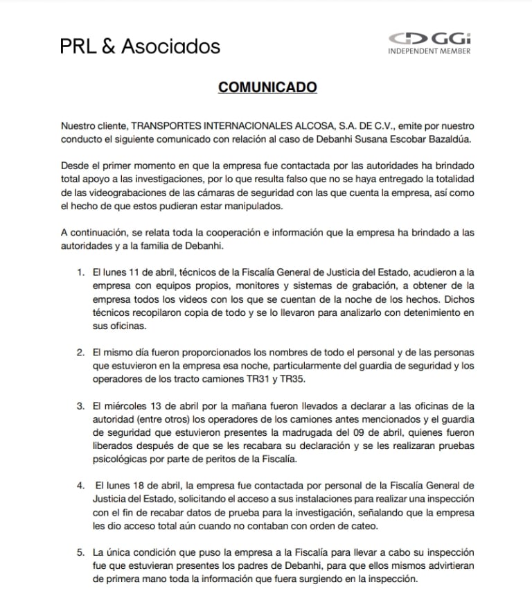Comunicado de representantes legales de Transportes Alcosa.