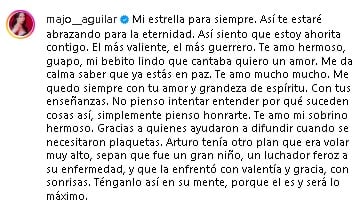 Majo Aguilar despide a su sobrino Arturo.