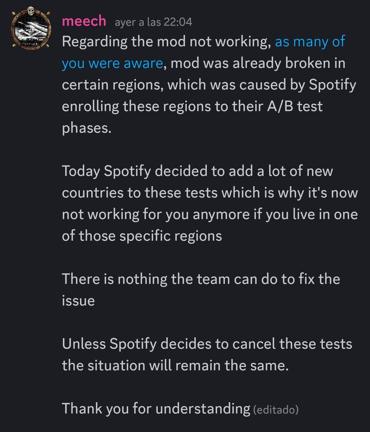 Comunicado del creador de Spotify Premium APK