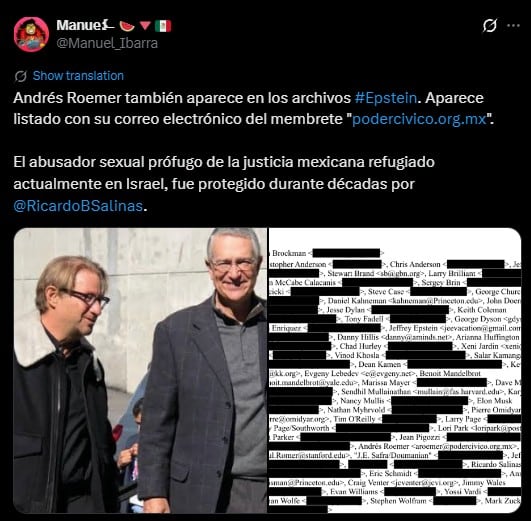 Andrés Roemer aparece en los documentos relacionados con Jeffrey Epstein