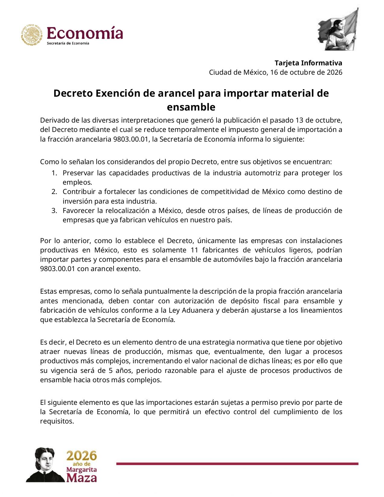 Secretaría de Economía: 11 armadoras automotrices podrán importar material de ensamble sin pagar aranceles