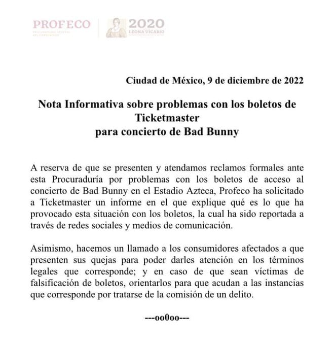 Profeco llama a denunciar a Ticketmaster por caos con boletos del concierto de Bad Bunny