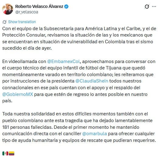 Roberto Velasco contacta a equipo infantil de Tijuana varado en Colombia tras terremoto