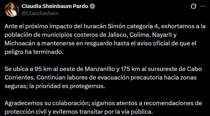 Mensaje Claudia Sheinbaum por el huracán Simón