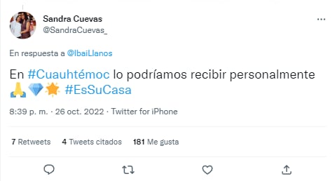 Tuit de Sandra Cuevas ofreciéndole casa a Ibai para su visita a México