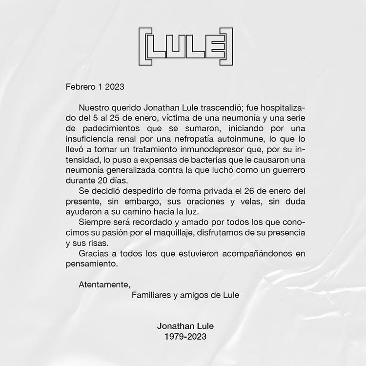 Comunicado de la causa de muerte de Jonathan Lule.
