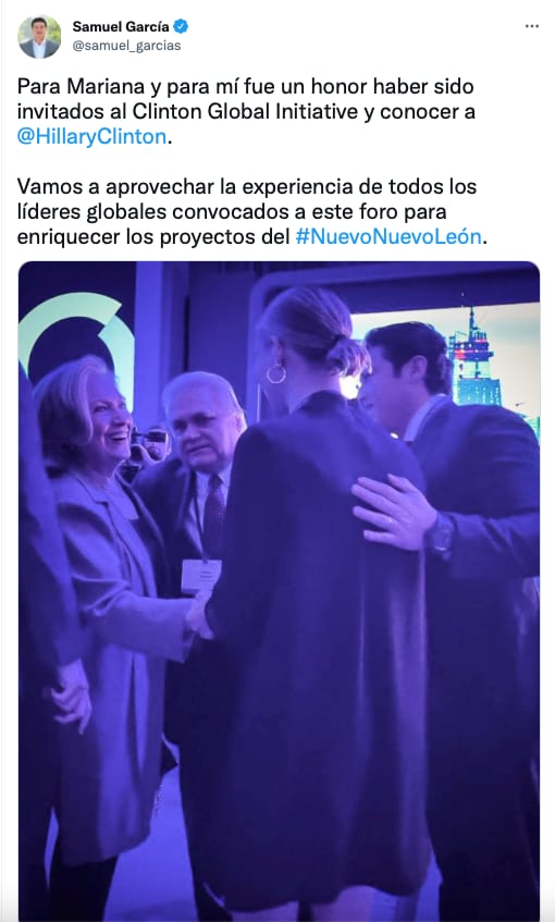 Samuel García y Mariana Rodríguez presumen encuentro con Hillary Clinton en Nueva York