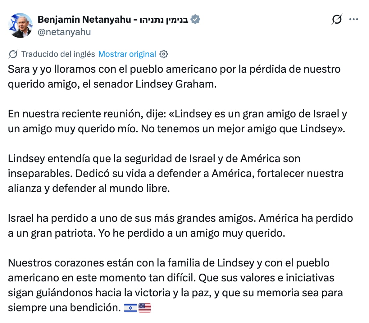 Benjamin Netanyahu reacciona a la muerte de Lindsey Graham