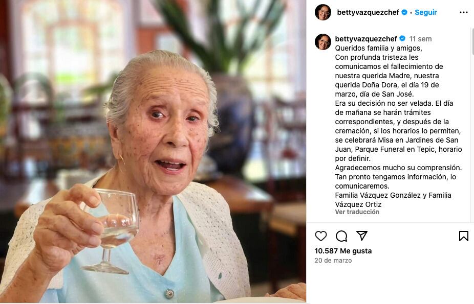 Madre de la chef Betty Vázquez murió en marzo.