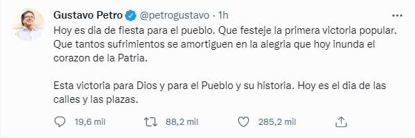 Gustavo Petro, presidente electo en Colombia, celebra victoria en Twitter