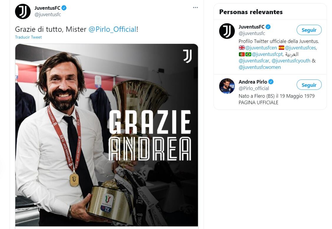 Juventus le agradece a Andrea Pirlo
