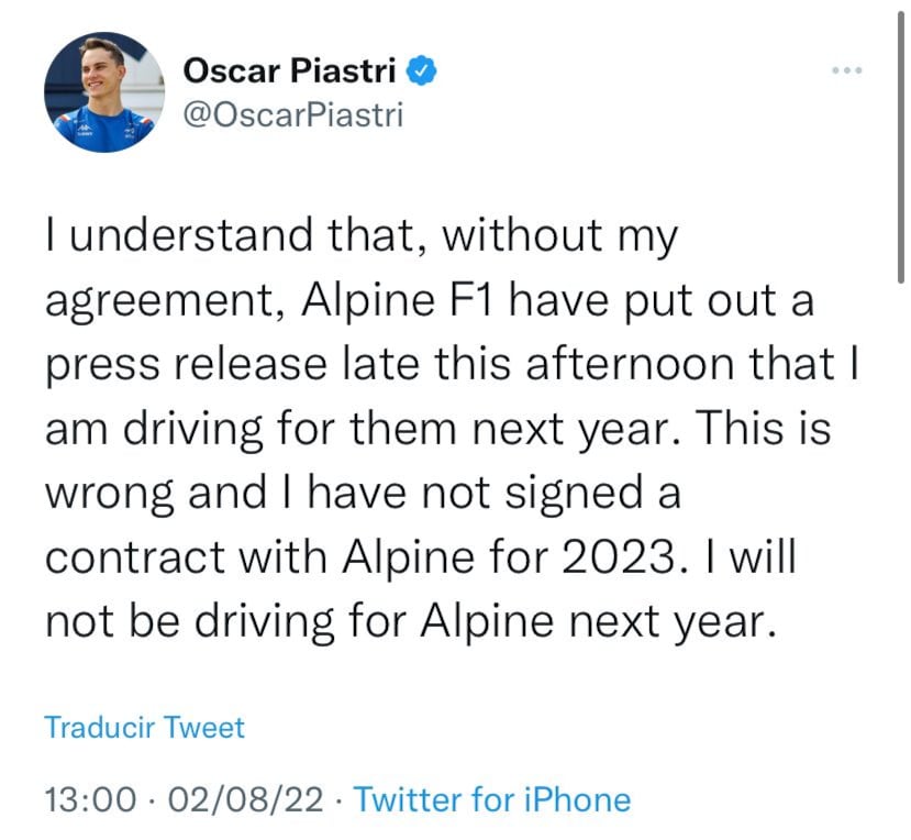 Declaración de Oscar Piastri ante el anuncio de Alpine.