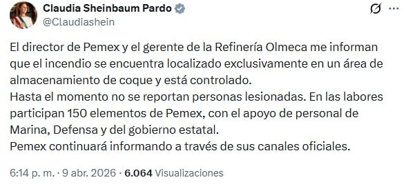 Sheinbaum informa sobre incendio en Dos Bocas tras llamada con Pemex