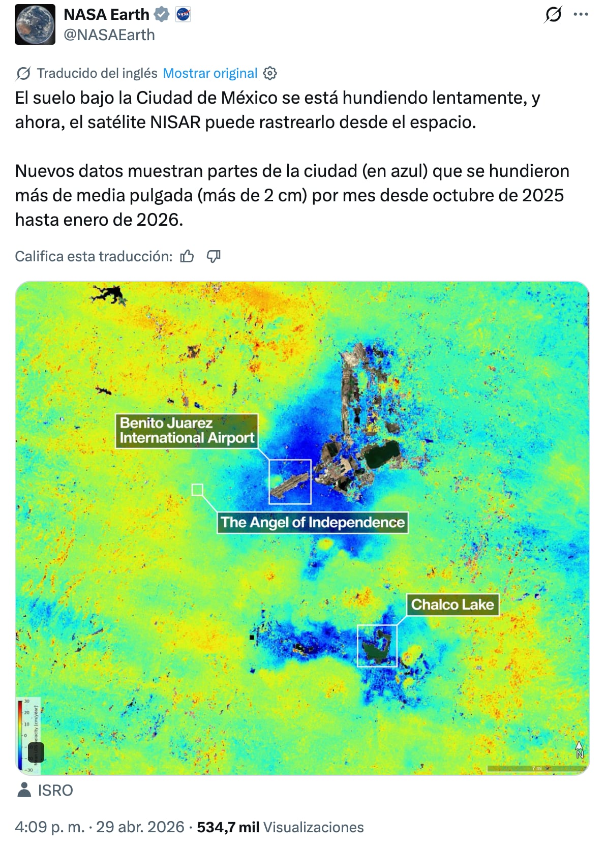 Radar NISAR de la NASA, revela aumento en la subsidencia de la CDMX