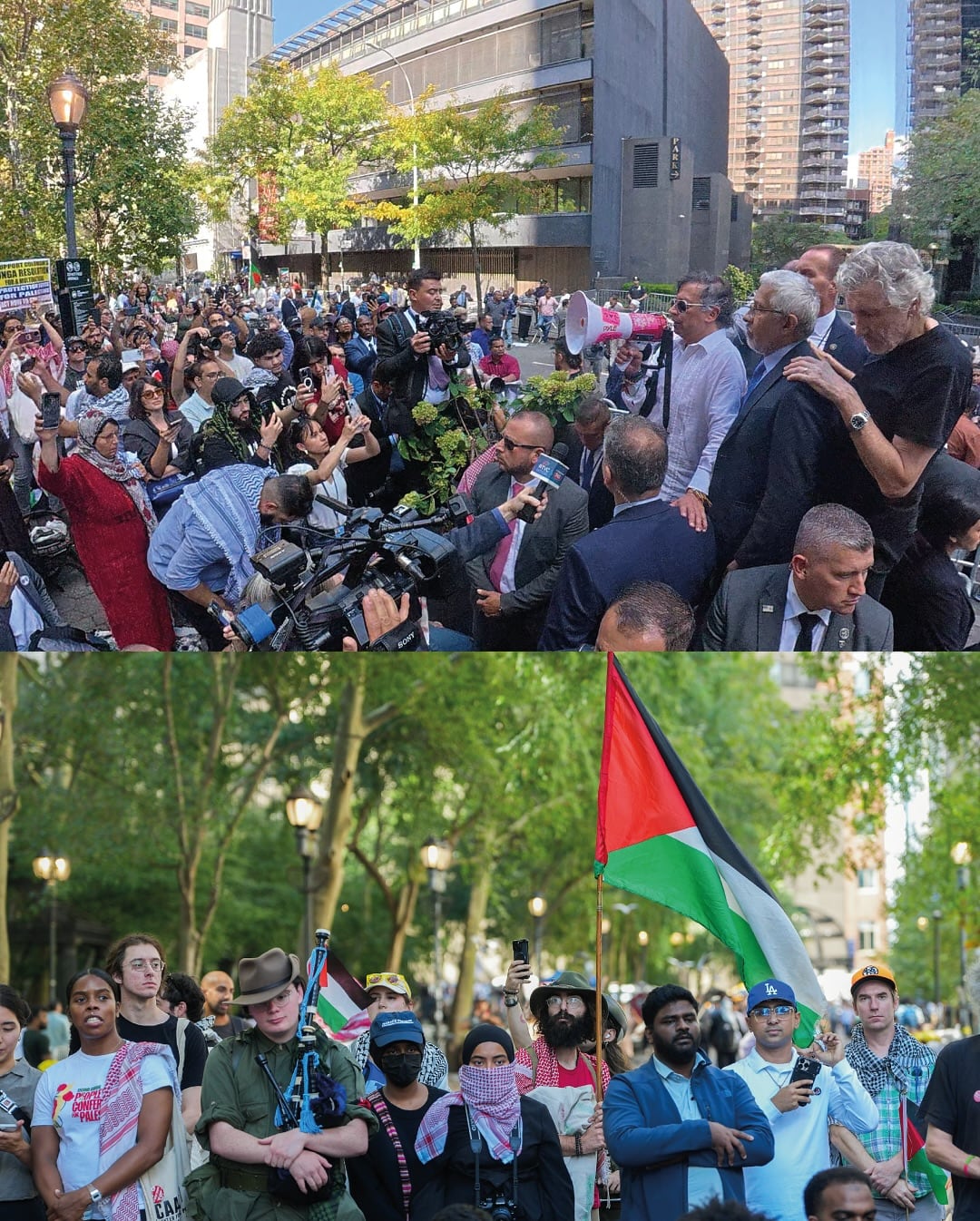 Roger Waters y Gustavo Petro participan en manifestación en Nueva York
