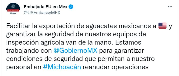 Tuit de la embajada de Estados Unidos