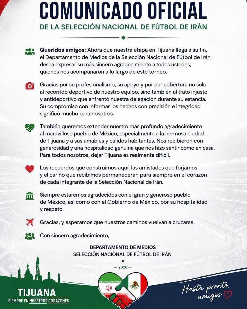 Selección de Irán agradece a México a través de un comunicado de prensa