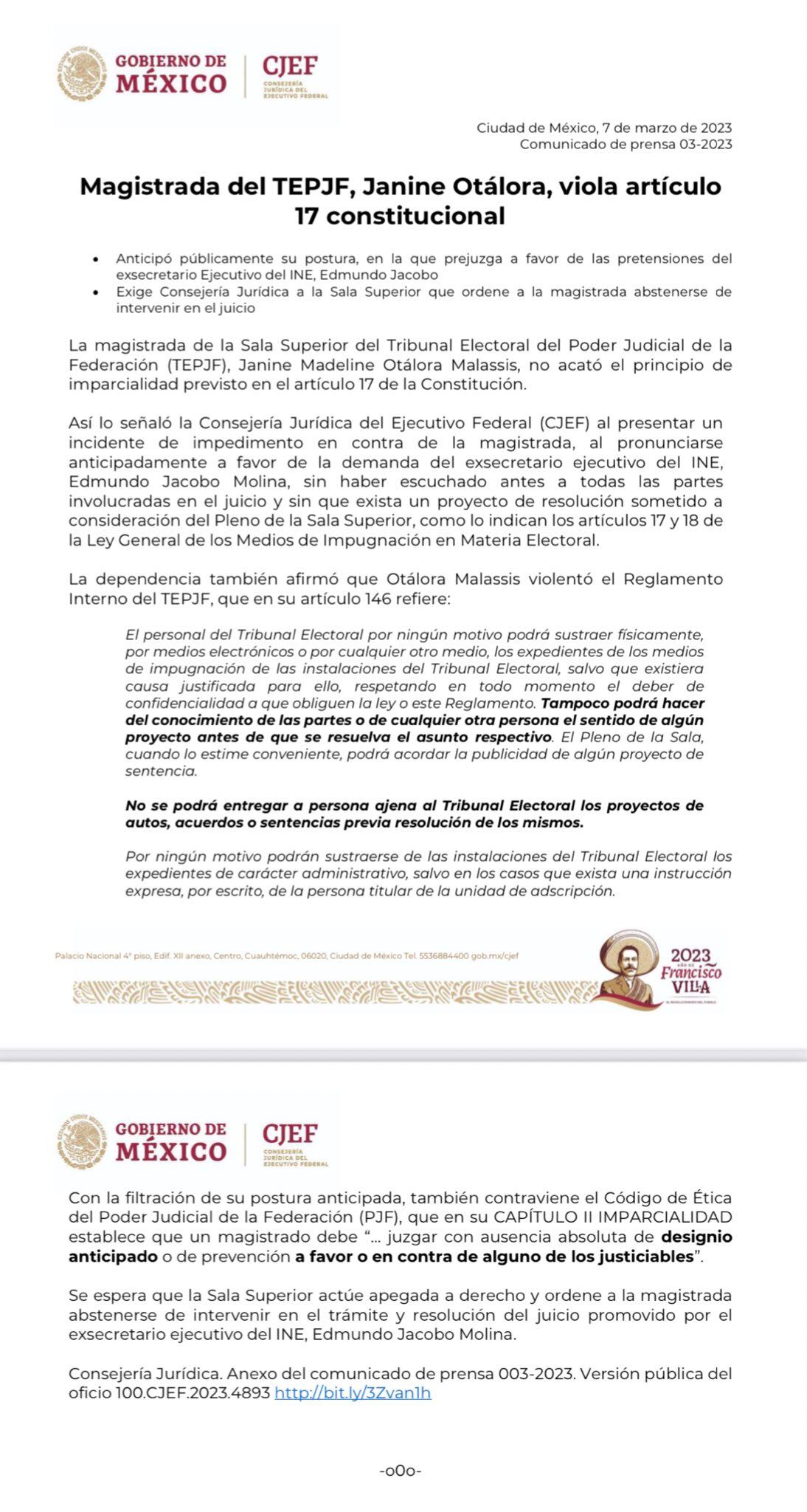 Presidencia: Janine Otálora, magistrada del TEPJF, violó el artículo 17 de la Constitución