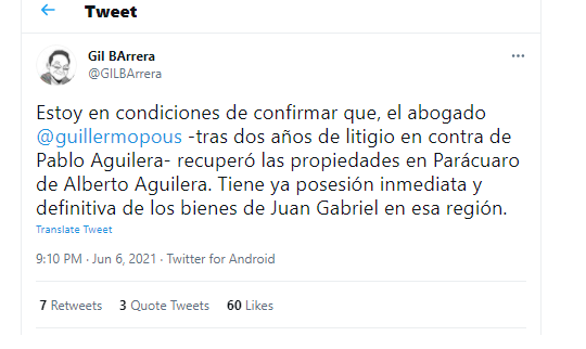 Post sobre propiedades de Juan Gabriel.