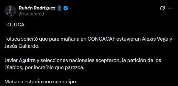 Selección Mexicana cede a Alexis Vega y a Jesús Gallardo a Toluca para enfrentar a LAFC.
