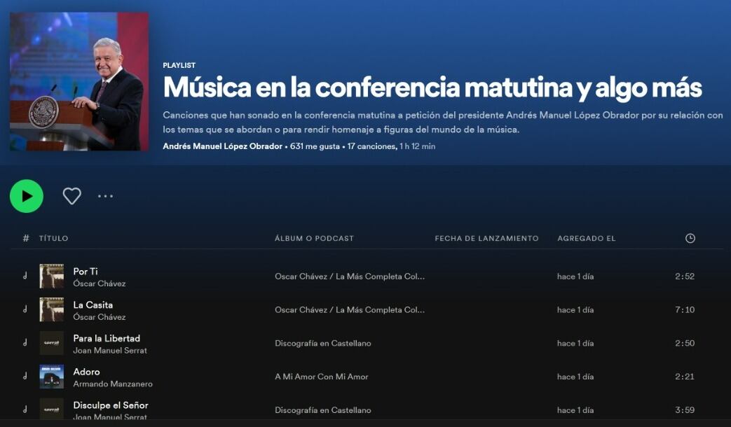 Playlist de las canciones que han sonado en la Mañanera