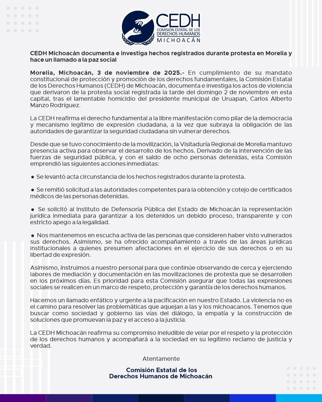 CEDH Michoacán investiga violencia de autoridades en protestas por asesinato de Carlos Manzo