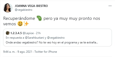 Joanna Vega-Biestro confirma contagio de Covid-19