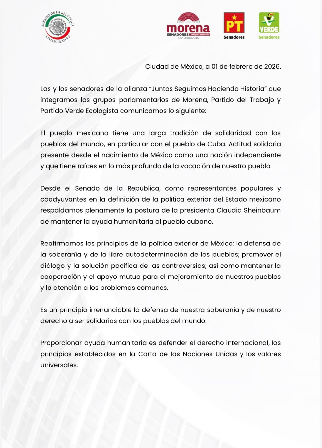 Sheinbaum recibe respaldo de senadores de Morena por mantener ayuda humanitaria en Cuba