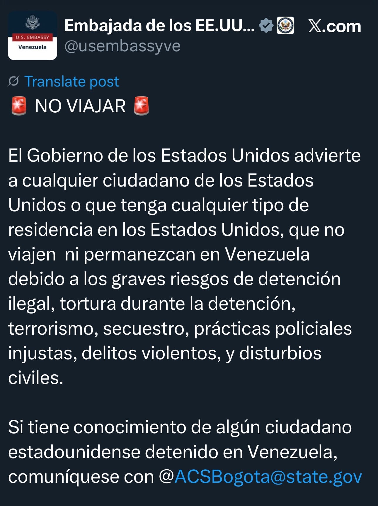 Alerta de viaje a Venezuela