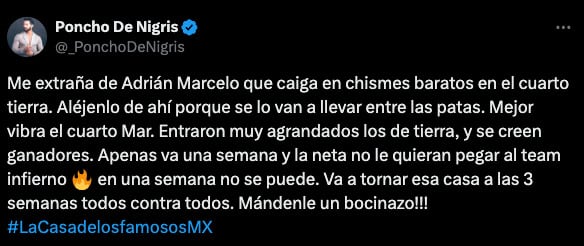 Poncho de Nigris condena a Adrián Marcelo en La Casa de los Famosos México