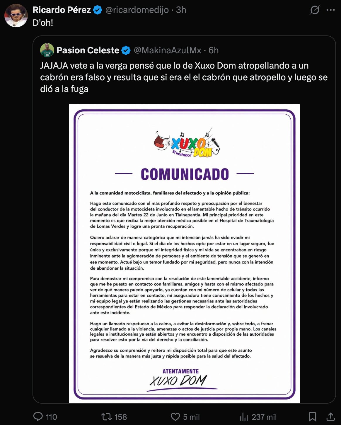 Ricardo Pérez reacciona al comunicado de Xuxo Dom