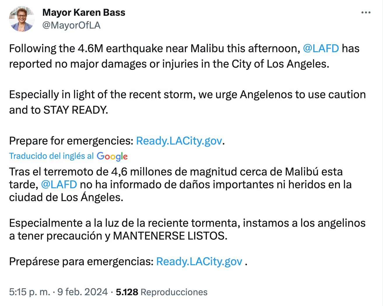 La alcaldesa Karen Bass de Los Ángeles pidió a los angelinos mantenerse listos ante cualquier emergencia