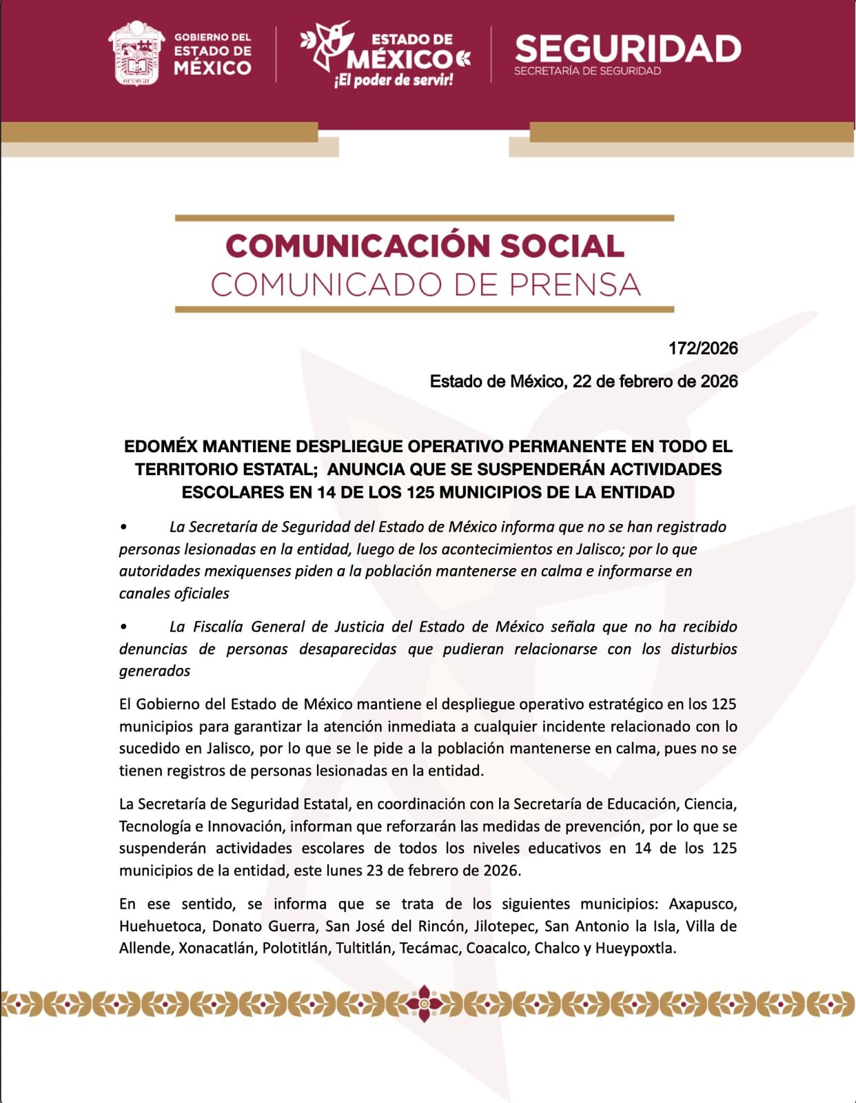 Suspenden clases en el Estado de México tras muerte de "El Mencho", líder del CJNG