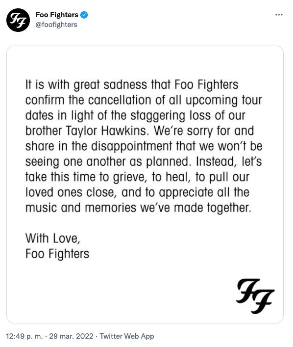 Anuncio de Foo Fighters sobre sus conciertos y la muerte de Taylor Hawkins