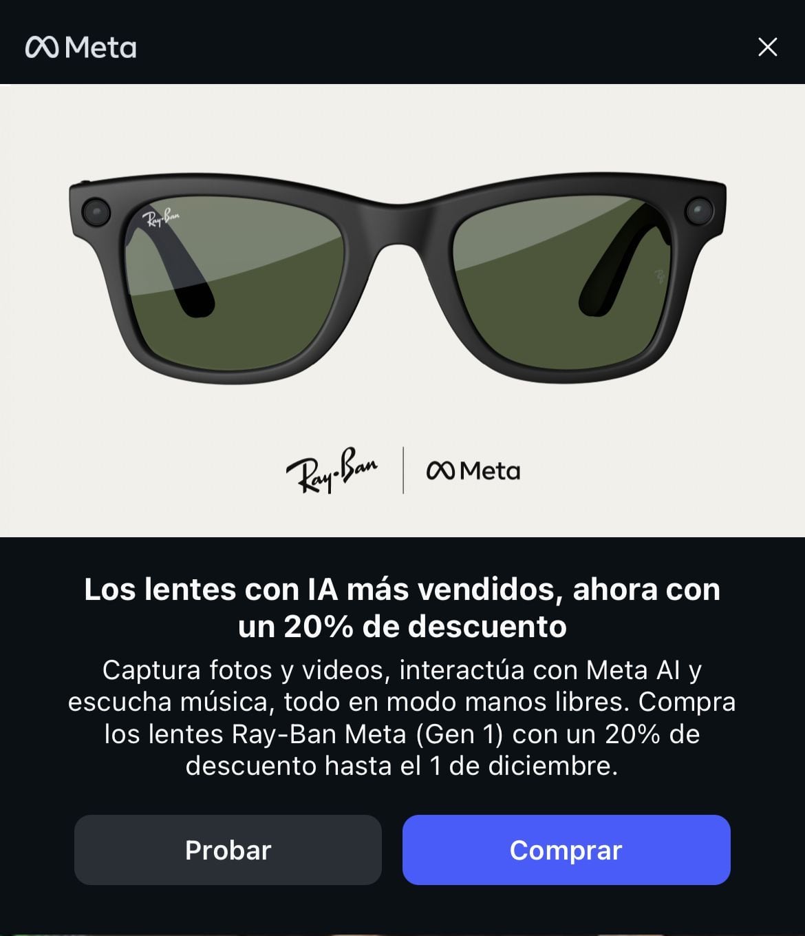 Promoción Instagram lentes Ray Ban Meta con IA