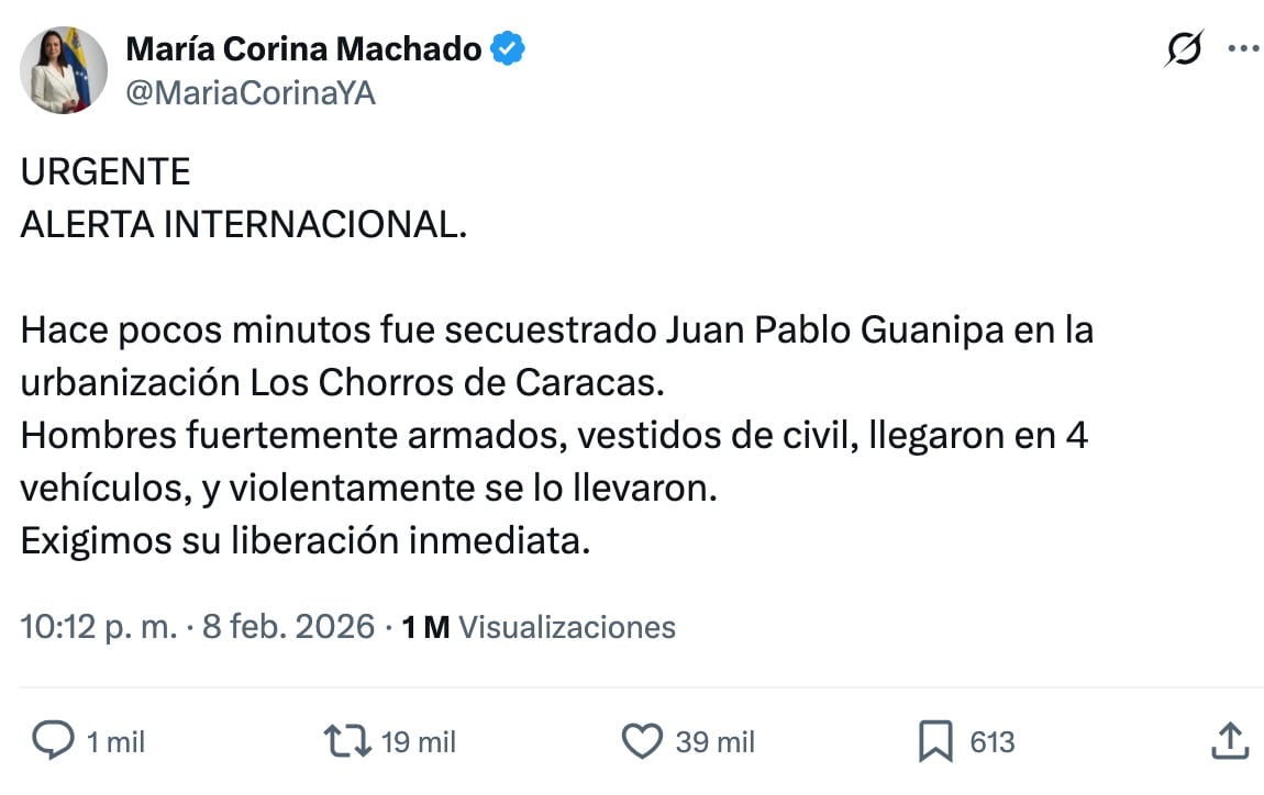 María Corina Machado exige inmediata liberación de Juan Pablo Guanipa