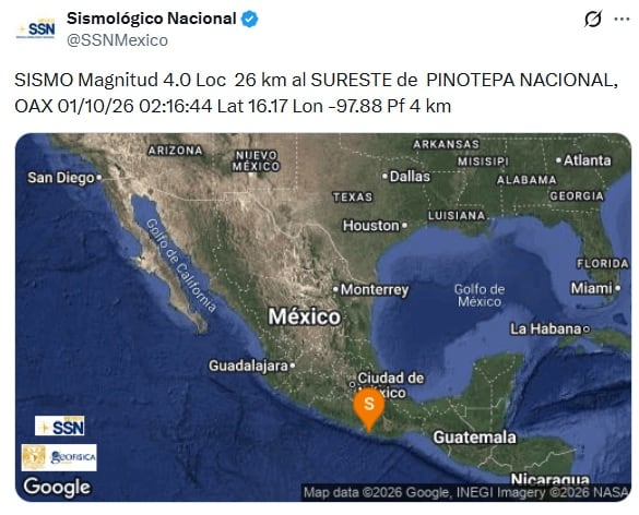 Sismo hoy jueves 1 de octubre de 2026 en México
