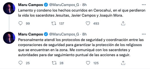 Maru Campos se pronuncia por asesinatos de sacerdotes jesuitas