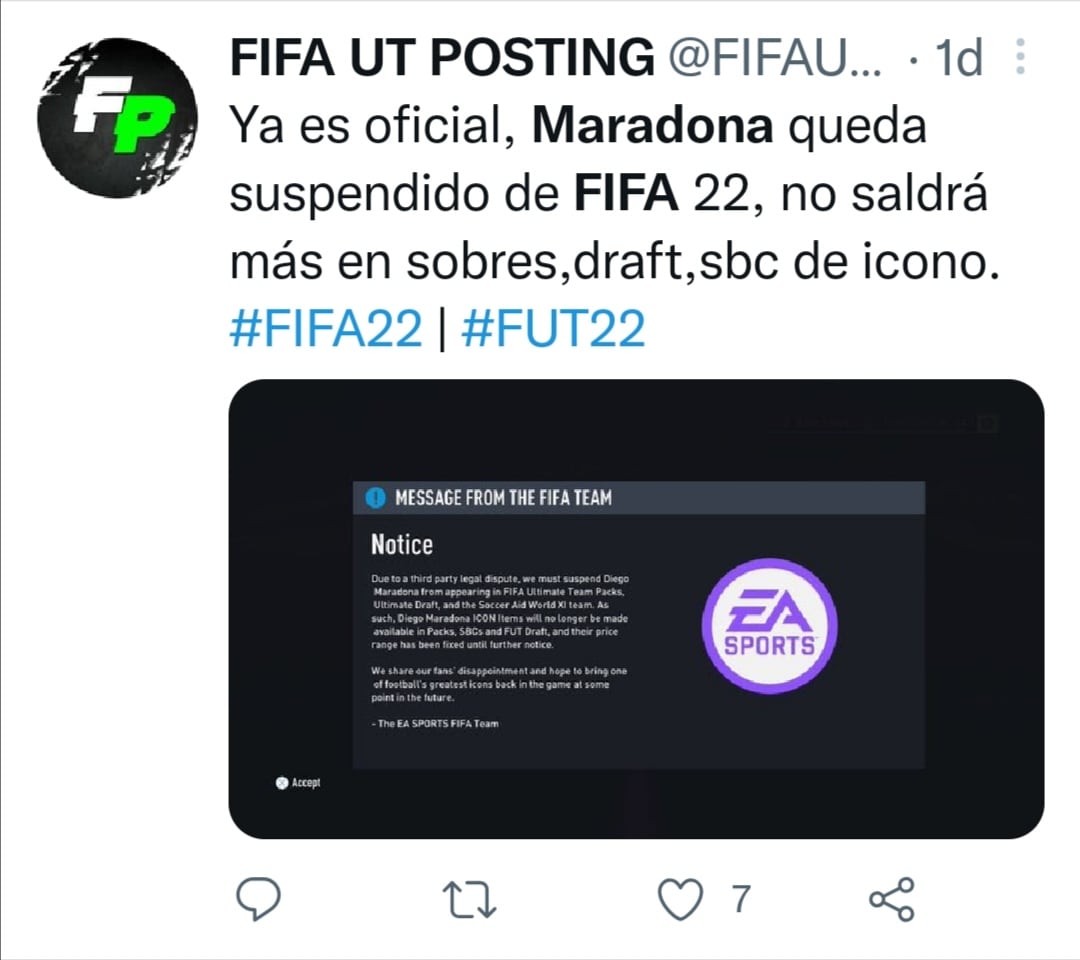 Mensaje de EA Sports acerca de la eliminación de Diego Maradona del FIFA 22.