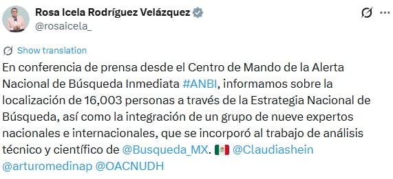 Rosa Icela Rodríguez reporta avances de la Estrategia Nacional de Búsqueda: más de 16 mil localizados